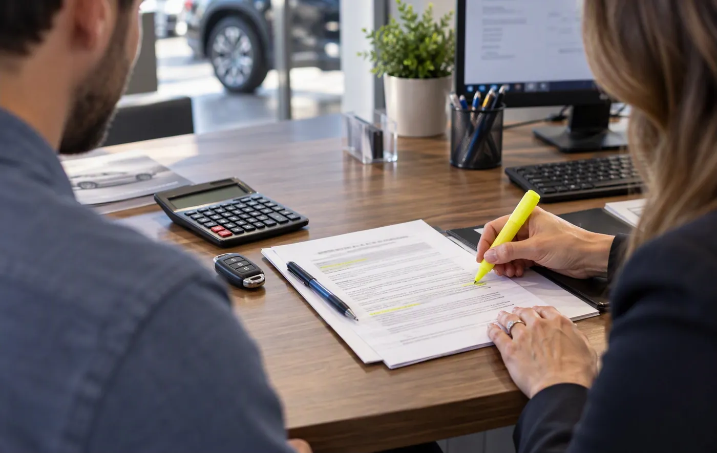 A buyer reads the contract and highlights a line in the dealer's finance office before signing