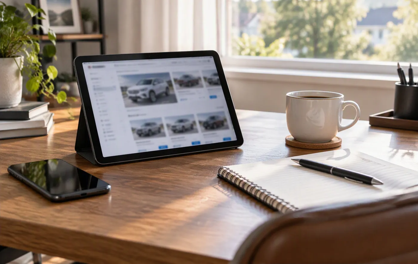A tidy desk with a phone, a tablet, and a notepad