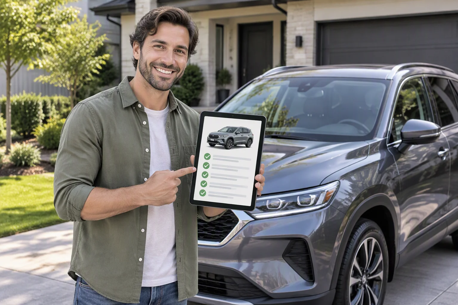 A buyer in his driveway holding a tablet with a completed vehicle history checklist beside a certified pre-owned SUV