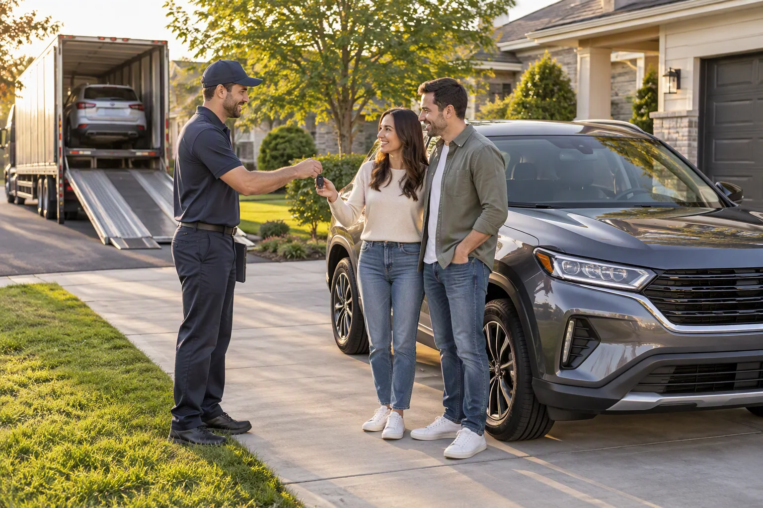 A delivery driver hands a couple the key to their new SUV in their driveway, the car carrier behind them