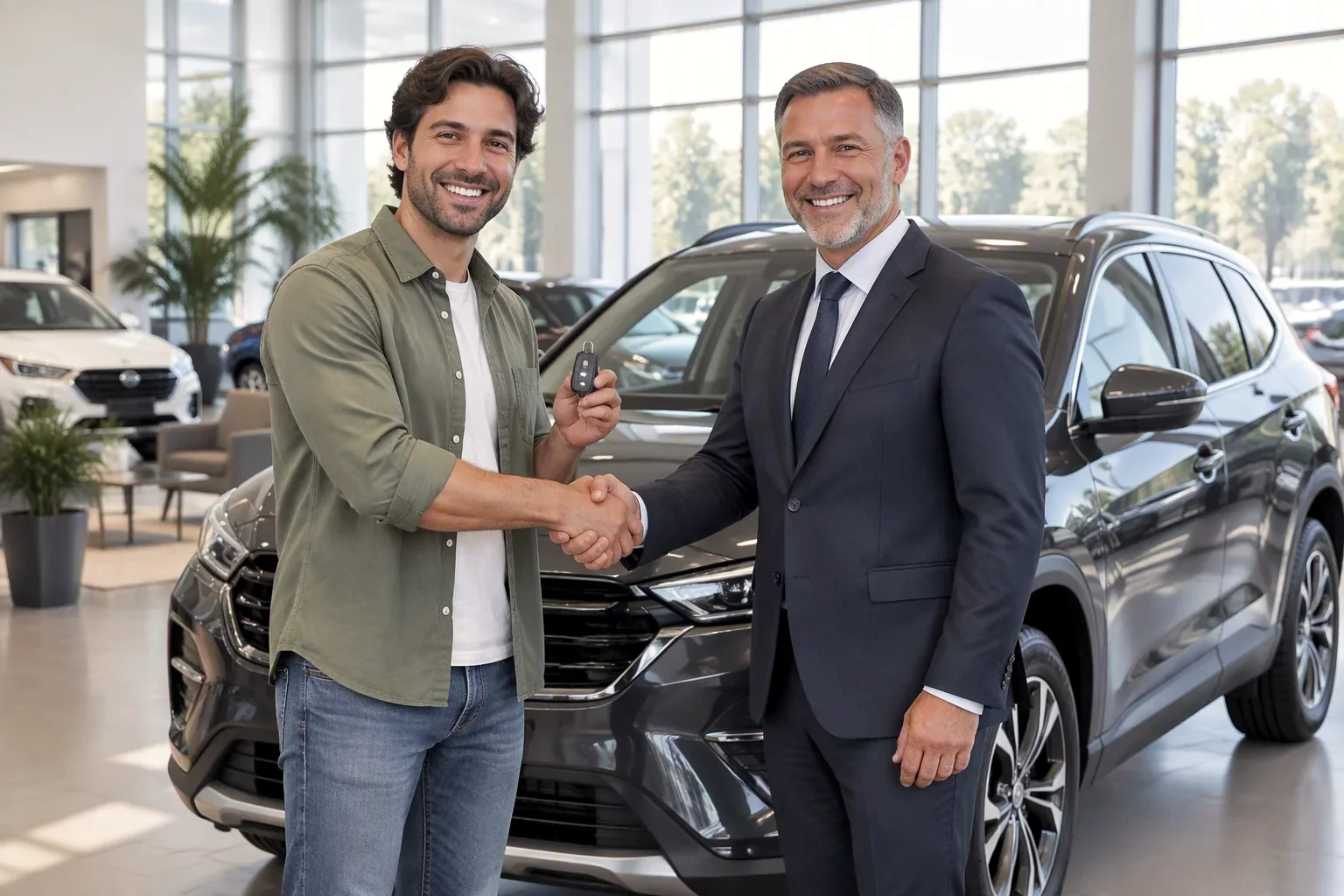 A smiling car buyer shakes hands with the dealership manager beside his new SUV, key in hand