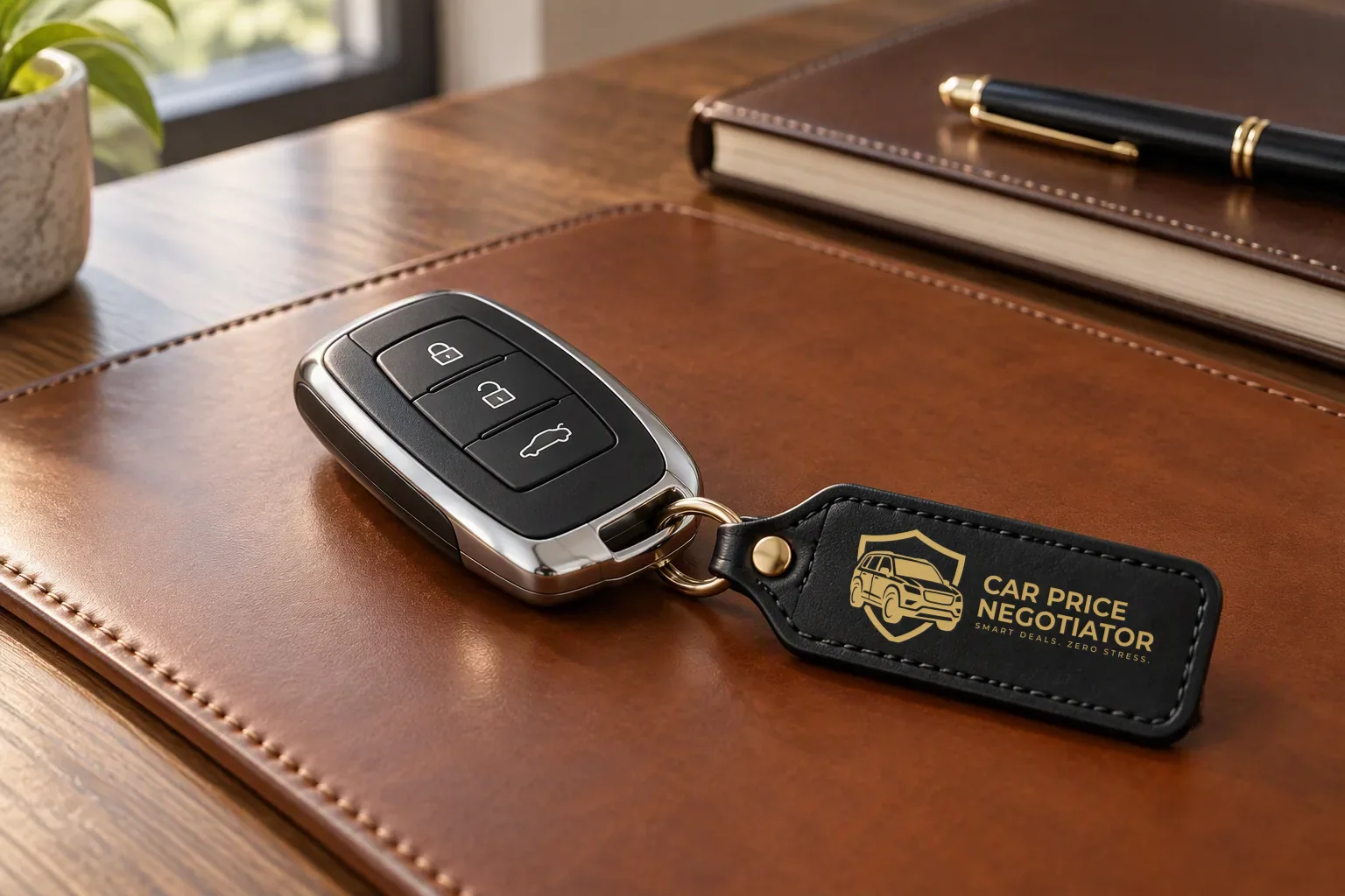 A luxury key fob with a Car Price Negotiator key tag on a leather desk pad