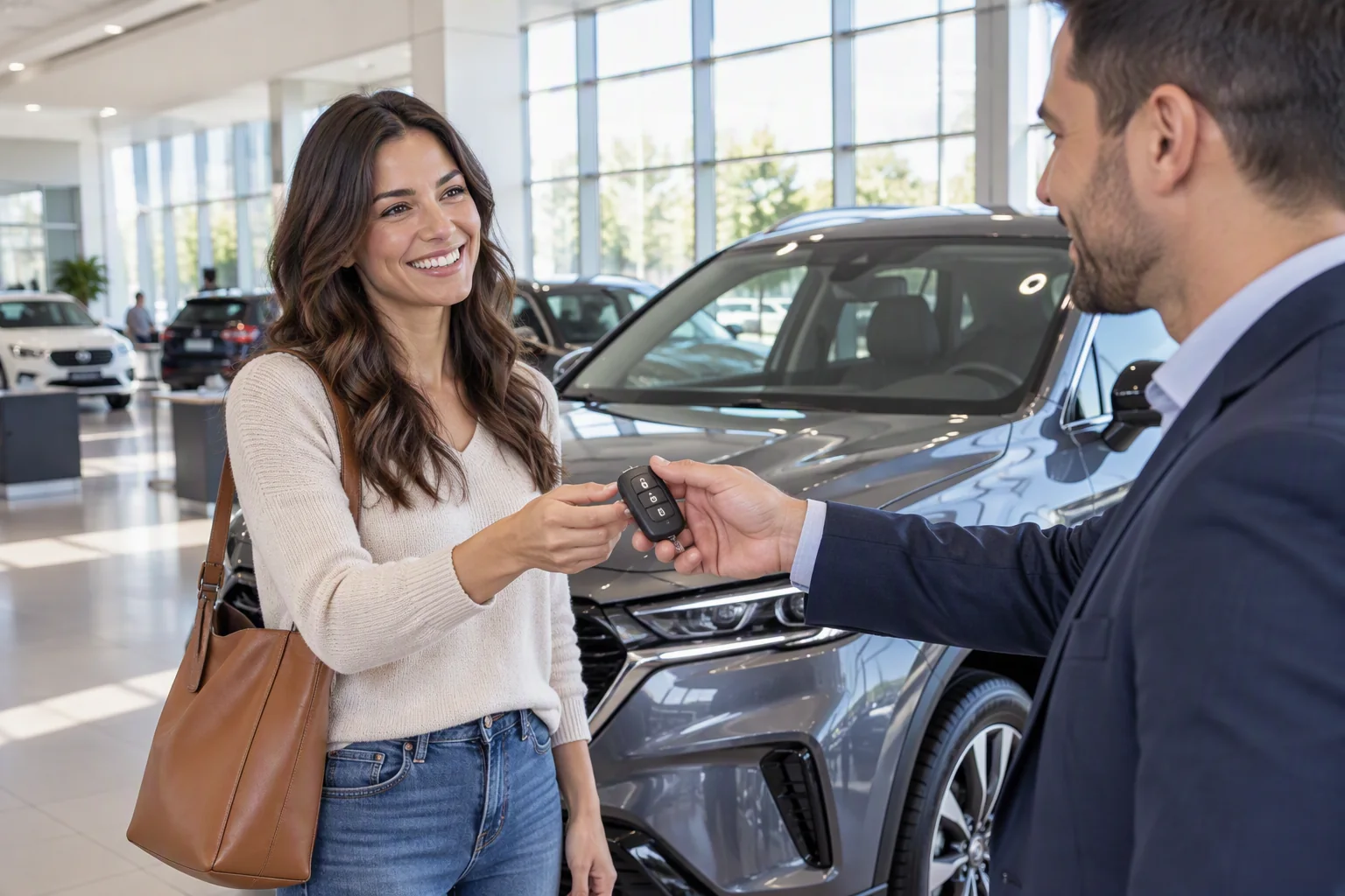 A smiling buyer takes the key to her new SUV from a salesperson in a dealership showroom