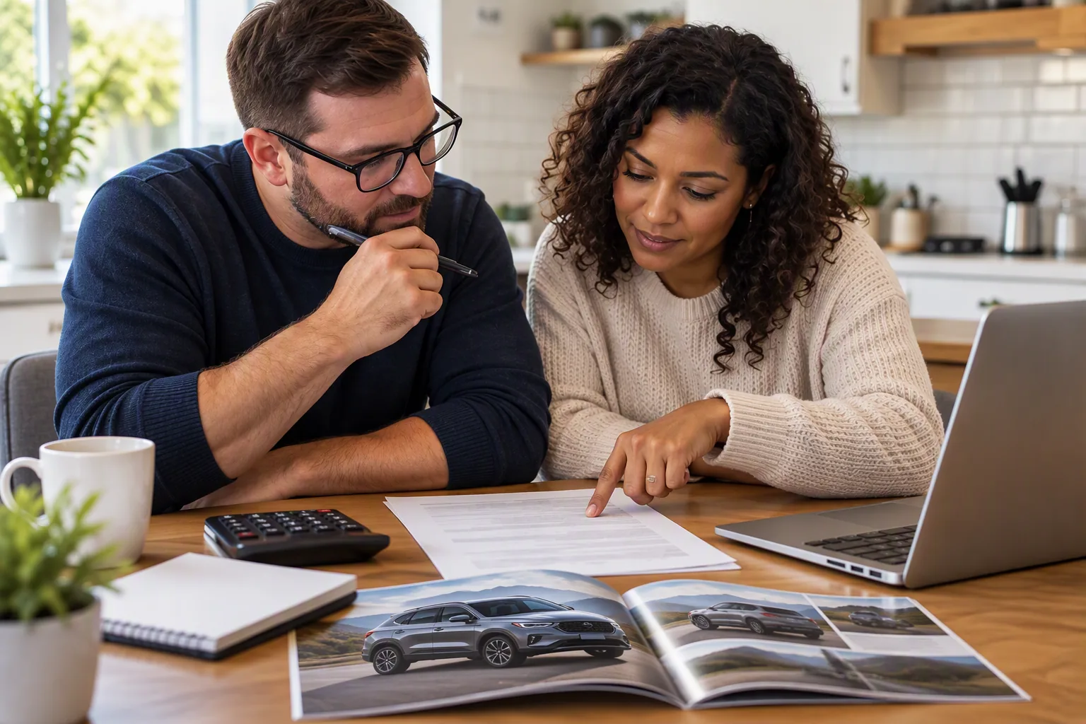 A couple goes over the lease numbers and a new car brochure at their kitchen table