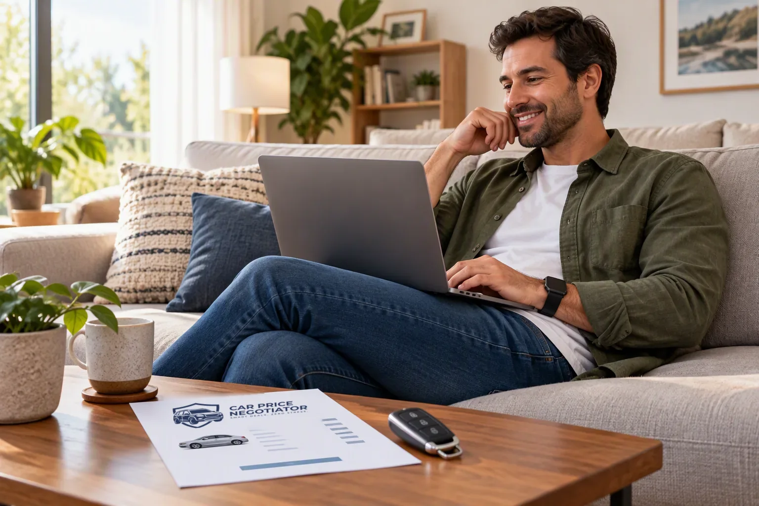 A buyer relaxing at home on his laptop, with an itemized offer sheet and his new key on the coffee table