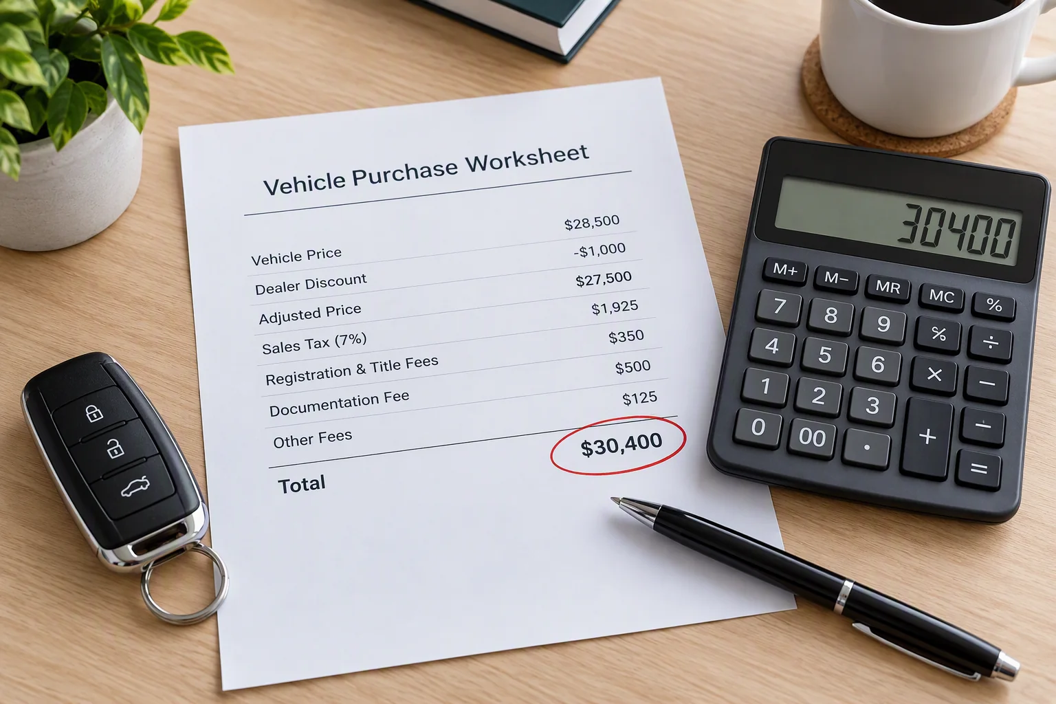 A dealer vehicle purchase worksheet with the out-the-door total circled, next to a calculator and a car key fob