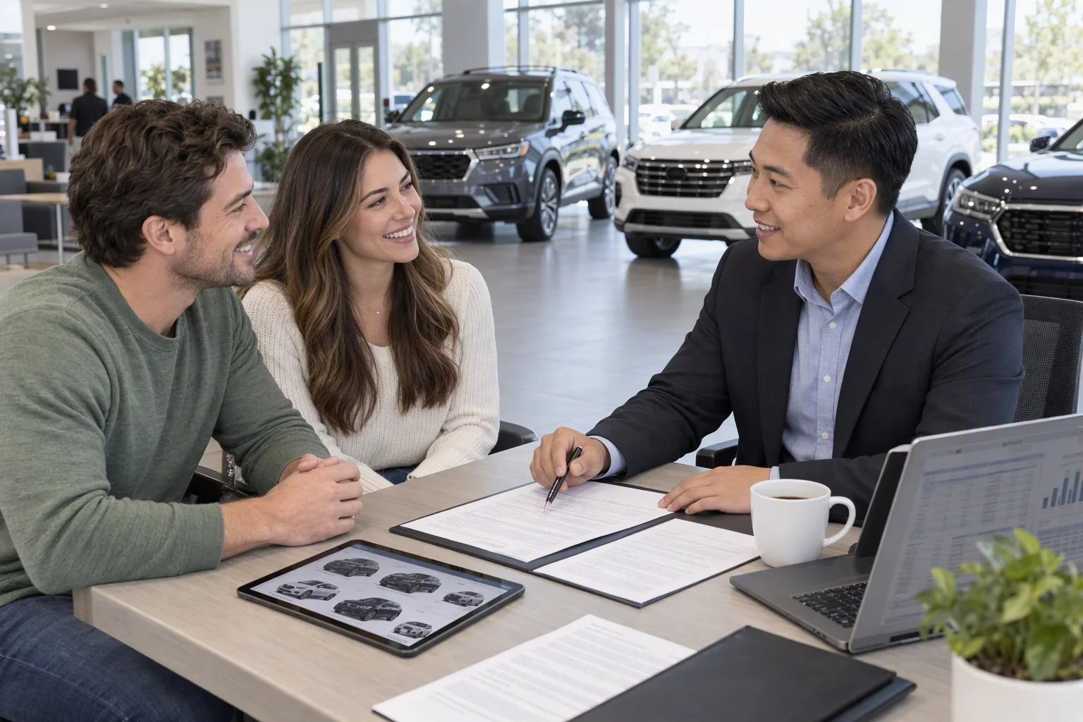 A negotiation advisor going over the purchase paperwork with a couple at a desk in a dealership showroom