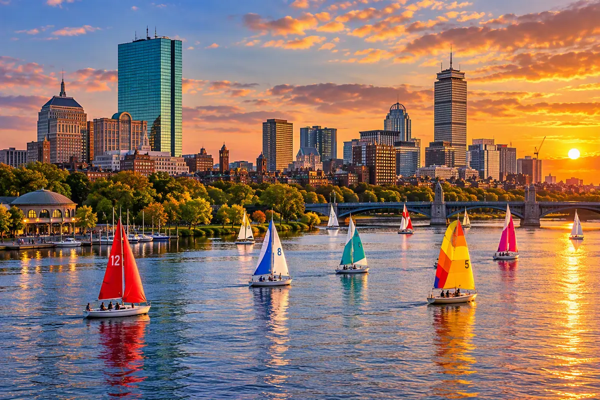 The Boston skyline over the Charles River at sunset, the city where the business started