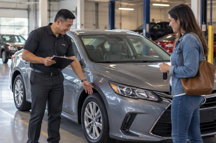 A dealership appraiser inspects a car for its trade-in value while the owner waits