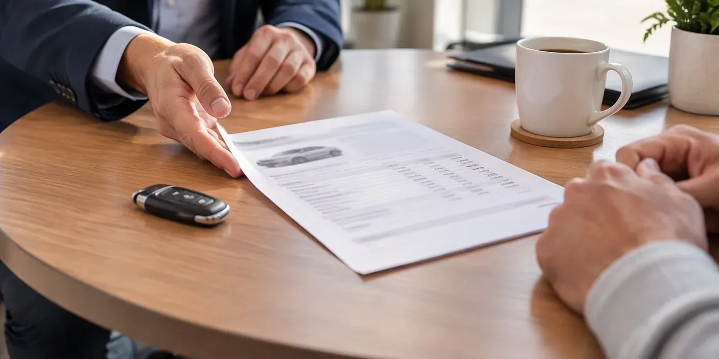 A price sheet passed across the table, with the car keys beside it